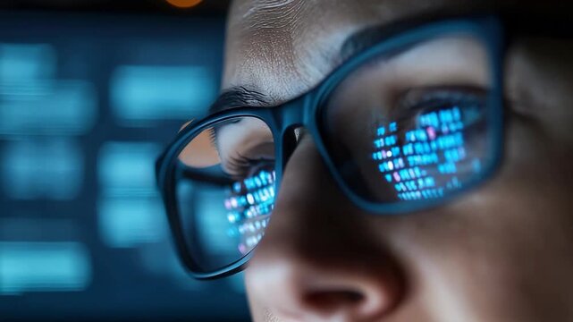 A person looks at a computer screen filled with data and numbers while wearing glasses. The focus is on the reflection in their eyes. It is late at night in an office