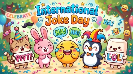 Fototapeta premium International joke day with cute cartoon animals and emoji laughing out loud.