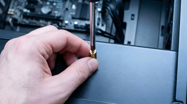 building a gaming pc step by step | installing motherboard standoffs in computer case | computer hardware repair and maintenance service | closeup of hand using screwdriver on pc part