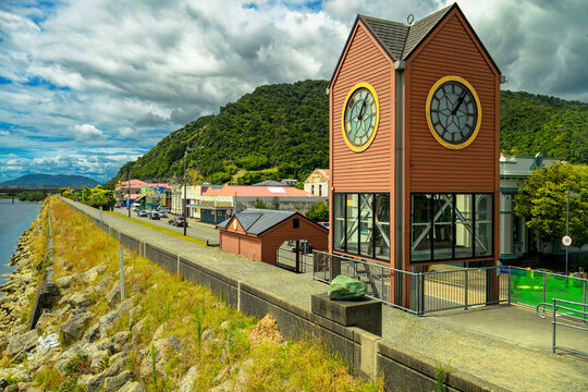 Greymouth clock tower and riverside landscape