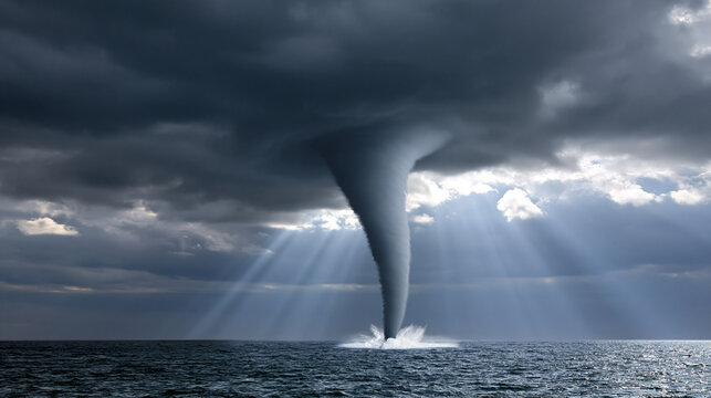 Massive ocean tornado forming beneath dark storm clouds with dramatic sunlight piercing the sky.