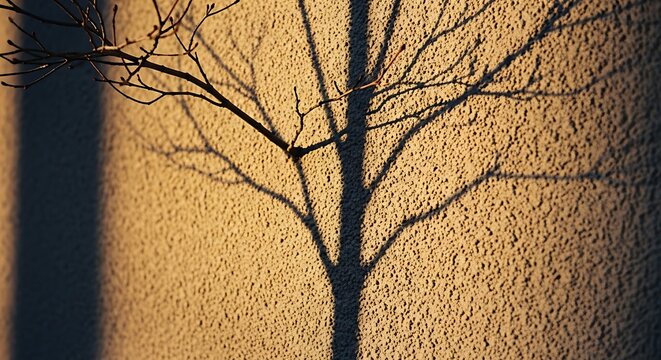 Tree branch shadow cast on a textured wall during golden hour sunset