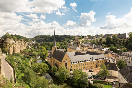 Luxembourg, Luxembourg City, View to the Benediktiner abbey Neumuenster and St. Johannes church, casemates left