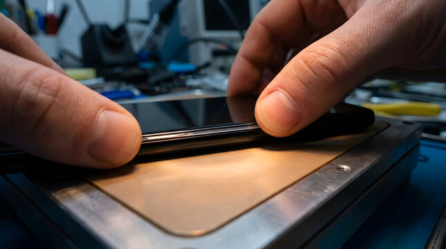 Professional smartphone screen repair service | Technician hands fixing mobile phone display | Smartphone disassembly process on heating plate | Mobile phone maintenance and hardware repair