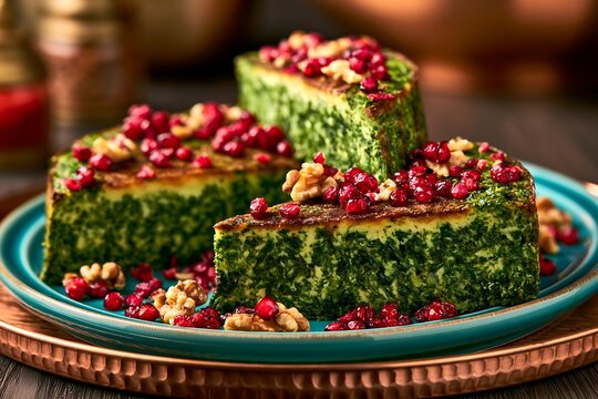 Persian herb frittata Kuku Sabzi with pomegranate and walnuts