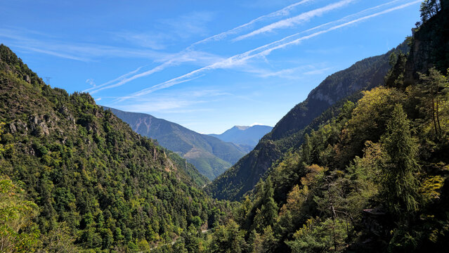 Maritime Alps valley landscape with forested mountains, Roubion, Maritime Alps, France, Europe.