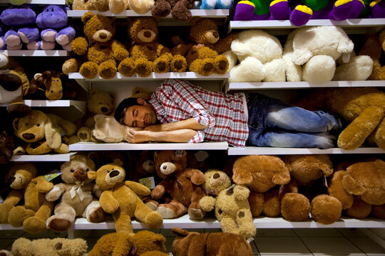 Man sleeping on a shelf between soft toys in a supermarket