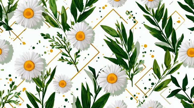 56.Seamless vector pattern with spring leaves and daisy flowers combined with abstract geometric shapes, clean white background, fresh and modern design for fabric and packaging
