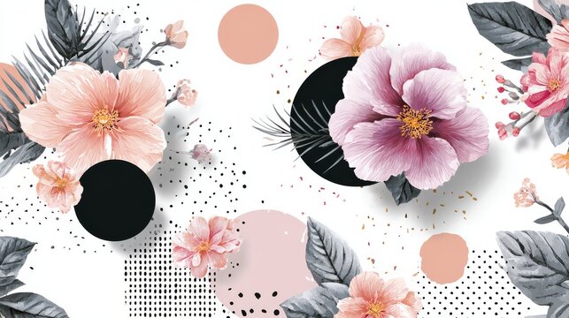 59.Modern spring seamless pattern combining floral elements and geometric shapes, white background, balanced layout, vector illustration for clothing and branding