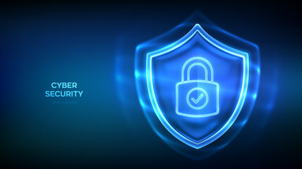 Protection shield with padlock with check mark. Transparent glass security shield. Cyber security, healthcare, insurance, safety symbol. Internet privacy, firewall, antivirus. Vector illustration. © iuriimotov