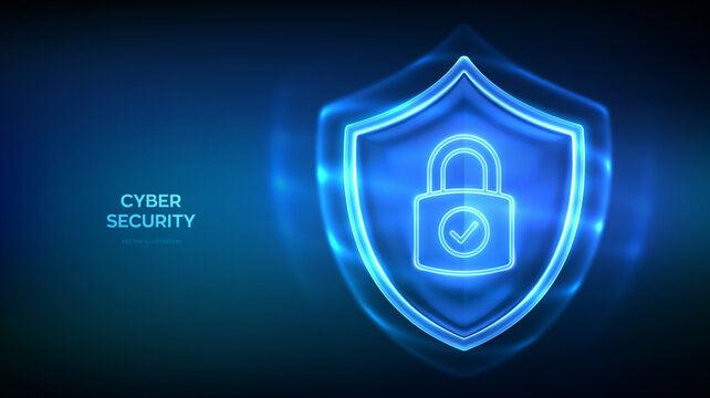 Protection shield with padlock with check mark. Transparent glass security shield. Cyber security, healthcare, insurance, safety symbol. Internet privacy, firewall, antivirus. Vector illustration.