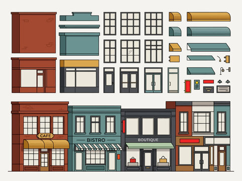 Modular Storefront Building Kit: Vector Illustration of Customizable Shop Facades, Windows, Doors, and Awnings for Urban Cityscape Design