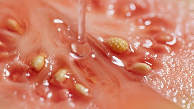 Macro Shot of Tomato Seeds and Juice with Water Droplets.