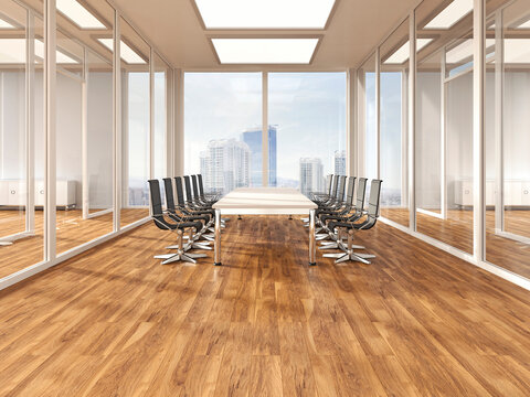 Modern conference room with parquet, 3D Rendering