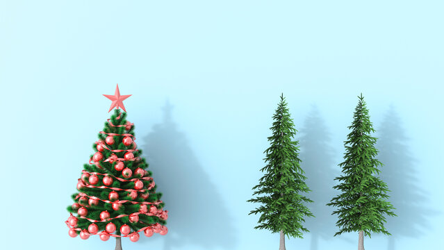 3D rendering, Christmas tree with fir trees on blue background