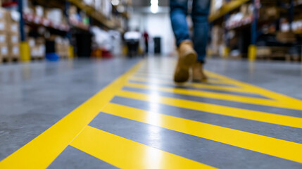 Obraz premium Worker walking along a marked safety path in an industrial facility, highlighting workplace safety, hazard zones, and compliance standards.