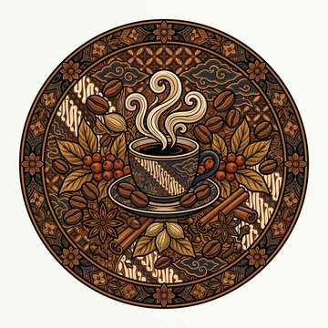 Indonesian inspired local flavor coffee illustration with traditional batik patterns coffee beans and aromatic spices in circular ornament design