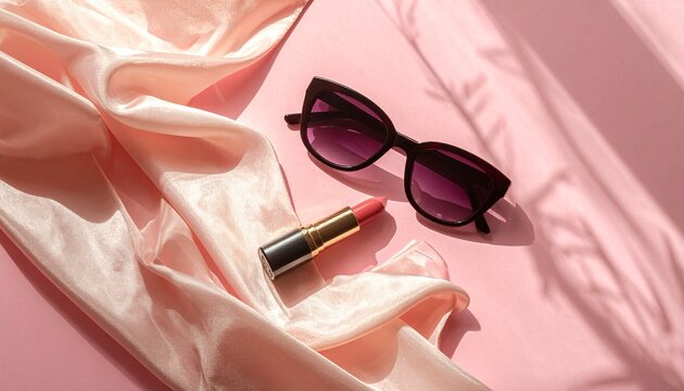 Stylish pink flat lay with sunglasses, lipstick, and draped silk fabric under natural sunlight and leaf shadows.