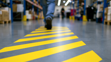 Fototapeta premium Worker walking on a factory floor with safety markings, emphasizing workplace safety, industrial environment, and hazard awareness.