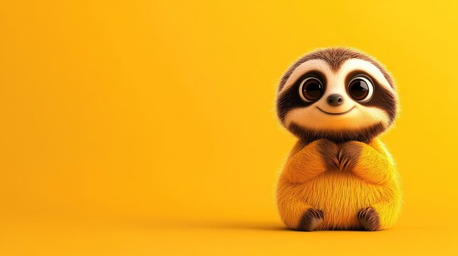 Cute Cartoon Sloth Character on Solid Yellow Background