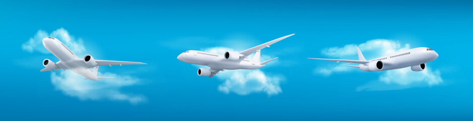 Naklejka premium Commercial Airplane Flying in Blue Sky Vector Set, Set of white commercial passenger airplanes flying through white clouds in a bright blue sky. Realistic vector illustration featuring aircraft