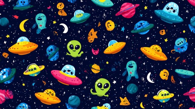 86.Seamless childish vector pattern featuring flying saucers, cute aliens, stars and planets, playful shapes, bright colors, fun outer space theme for kids