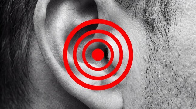 Close-up of a woman with red concentric circle target tattoo on earlobe in black and white