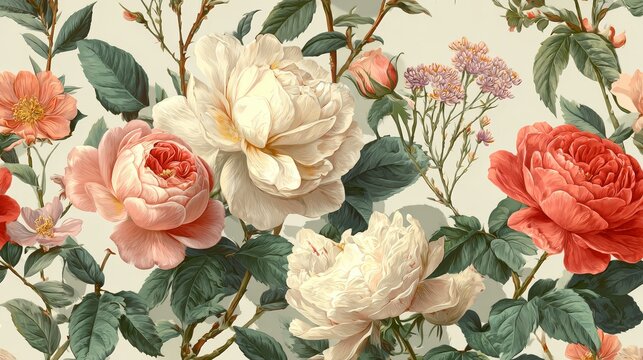 17.Detailed botanical seamless pattern showcasing roses peonies and wildflowers, soft pastel colors, realistic depth and subtle highlights