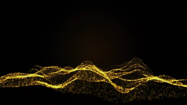 Abstract luxury gold wave of glowing particles. Seamless loop of sparkling glitter dust for award night intro, premium wedding background, elegant event backdrop and high quality motion video,4k.