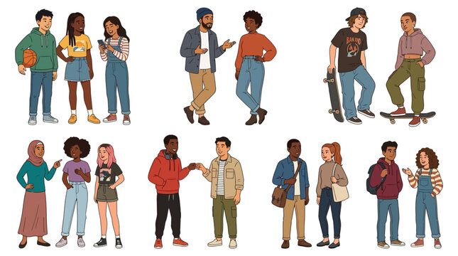Group of diverse young people standing together in a collection of various casual clothing styles illustration