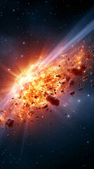 Fototapeta premium Asteroid impact explosion in space with fiery debris and glowing light, representing cosmic collision and dramatic astronomical event.