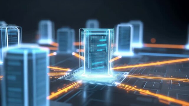 Glowing server racks, data center network technology, abstract digital system connection