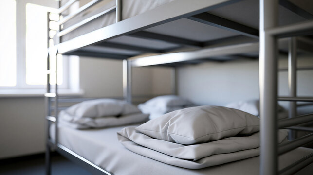 Modern bunk beds in a clean hostel room, representing budget accommodation, travel lodging, and shared living space.