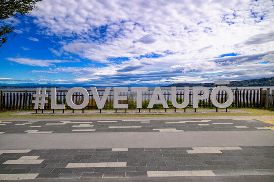 Love taupo sign on lake taupo waterfront