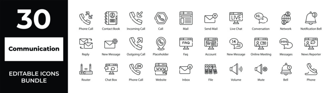 Communication Line Icons Bundle, Editable Outline Contact and Chat Vector Icons Set