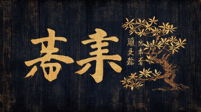 Traditional Chinese Calligraphy Art with Golden Bonsai Tree on Textured Dark Background