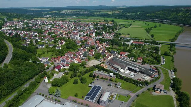 Aerial view around the city Obrigheim and mosbach in Germany. On sunny day in spring