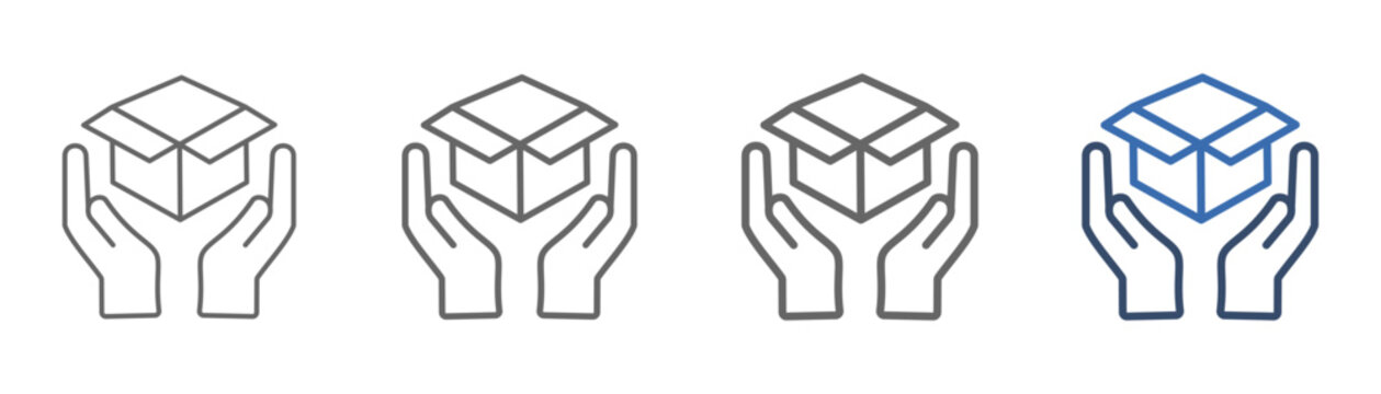 
outline icon set product launch with two hands and box design