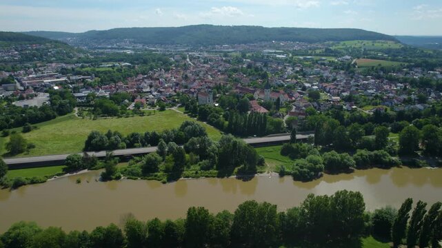 Aerial view around the city Obrigheim and mosbach in Germany. On sunny day in spring