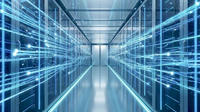 Futuristic server room with glowing blue data streams moving through high performance cloud infrastructure hardware.