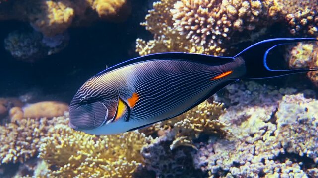 Sohal surgeonfish swimming gracefully along vibrant coral reef in red sea.