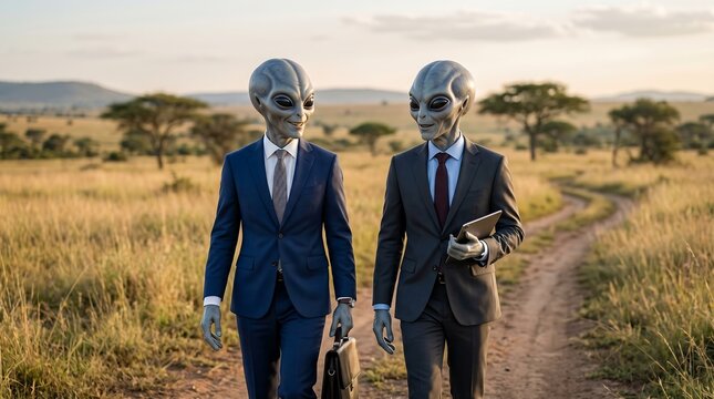 Two extraterrestrial businessmen in suits walking on a savanna path
