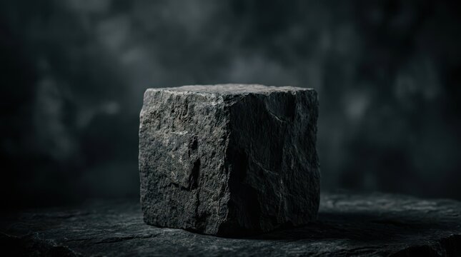 Rough stone cube on dark rustic table