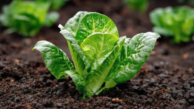 Fresh romaine lettuce plant with water droplets thriving in rich garden soil