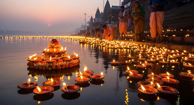 Devotees light floating oil lamps on the Ganges river during sunrise in India
