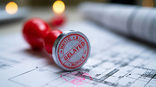 Red "DELAYED" stamp placed on architectural blueprints, representing construction setbacks and project timeline disruptions.