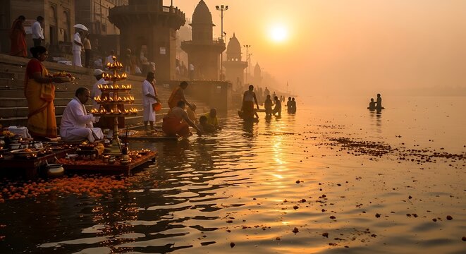 Devotees perform morning prayer rituals at the holy Ganges river in Varanasi