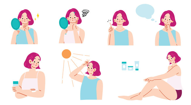 スキンケアをする女性のイラストセット