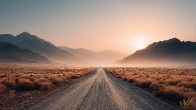 Long, empty desert road stretches towards misty mountains at sunrise