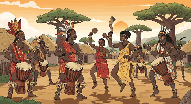 African men in traditional dance performance.